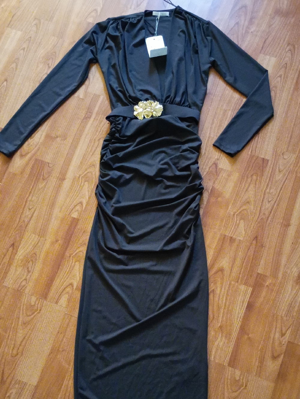 Zara Black Long-Sleeve Ruched Maxi Dress with Gold Floral Accent